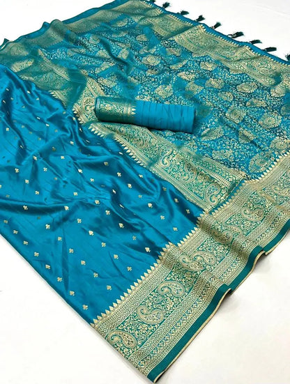 Teal Blue Satin Zari Handloom Weaving Silk Saree