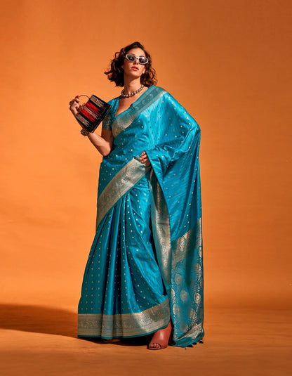 Teal Blue Satin Zari Handloom Weaving Silk Saree