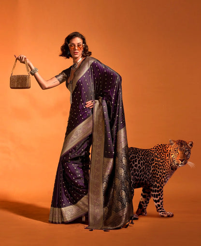 Wine Satin Zari Handloom Weaving Silk Saree