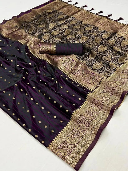 Wine Satin Zari Handloom Weaving Silk Saree