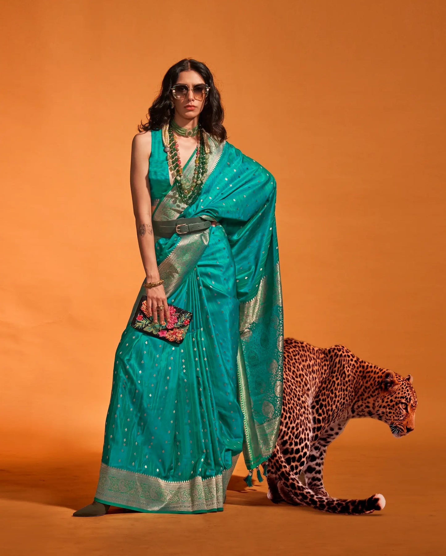 Pacific Blue Satin Zari Handloom Weaving Silk Saree