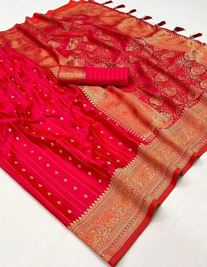 Bright Red Satin Zari Handloom Weaving Silk Saree