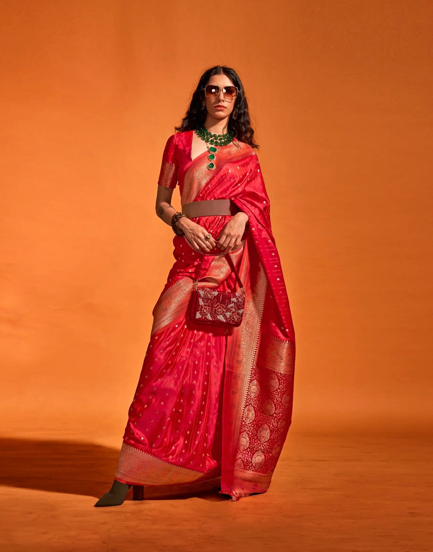 Bright Red Satin Zari Handloom Weaving Silk Saree