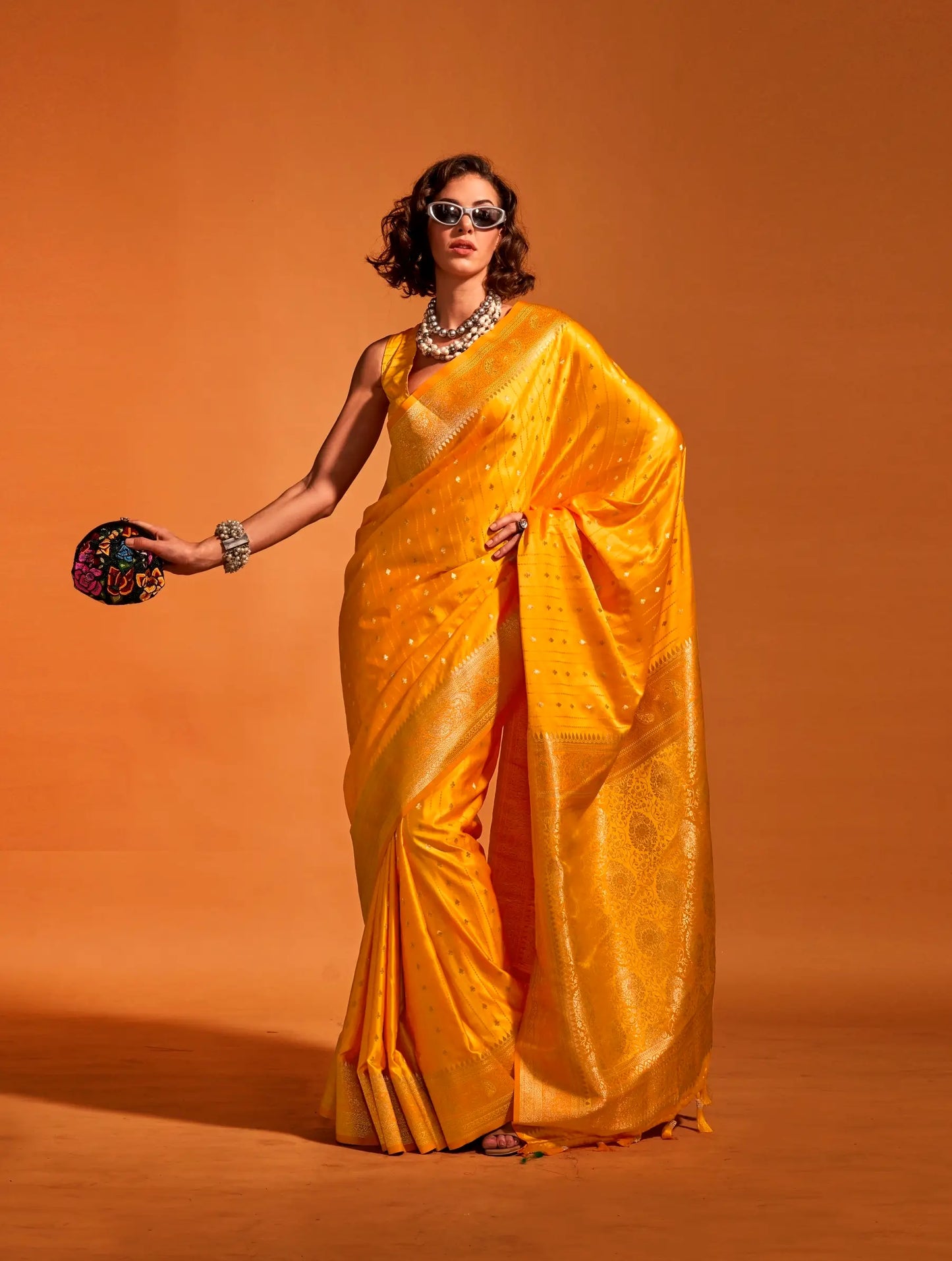 Honey Yellow Satin Zari Handloom Weaving Silk Saree