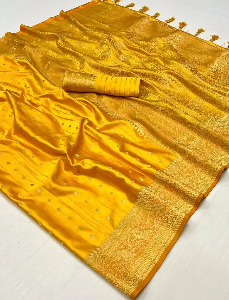 Honey Yellow Satin Zari Handloom Weaving Silk Saree