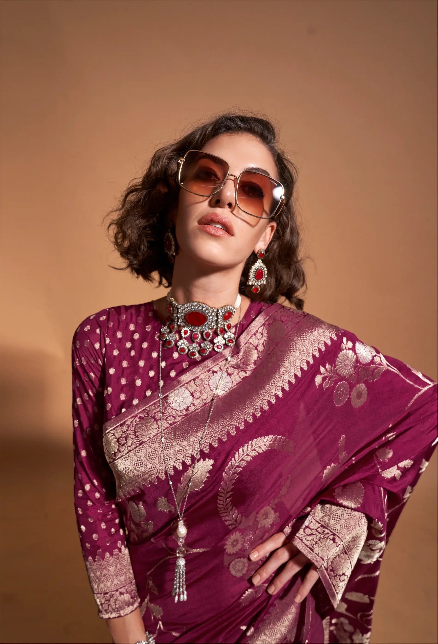 Maroon Georgette Zari Weaving Silk Saree