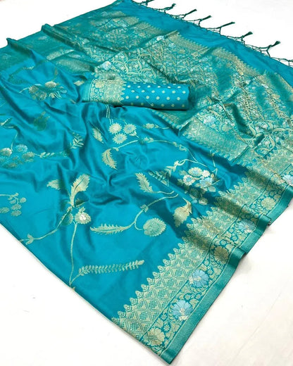 Pacific Blue Georgette Zari Weaving Silk Saree