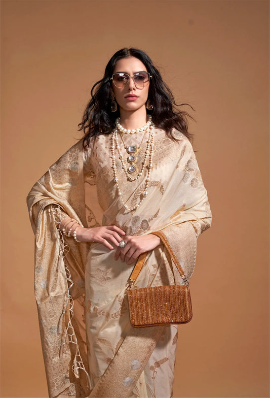 Beige Georgette Zari Weaving Silk Saree