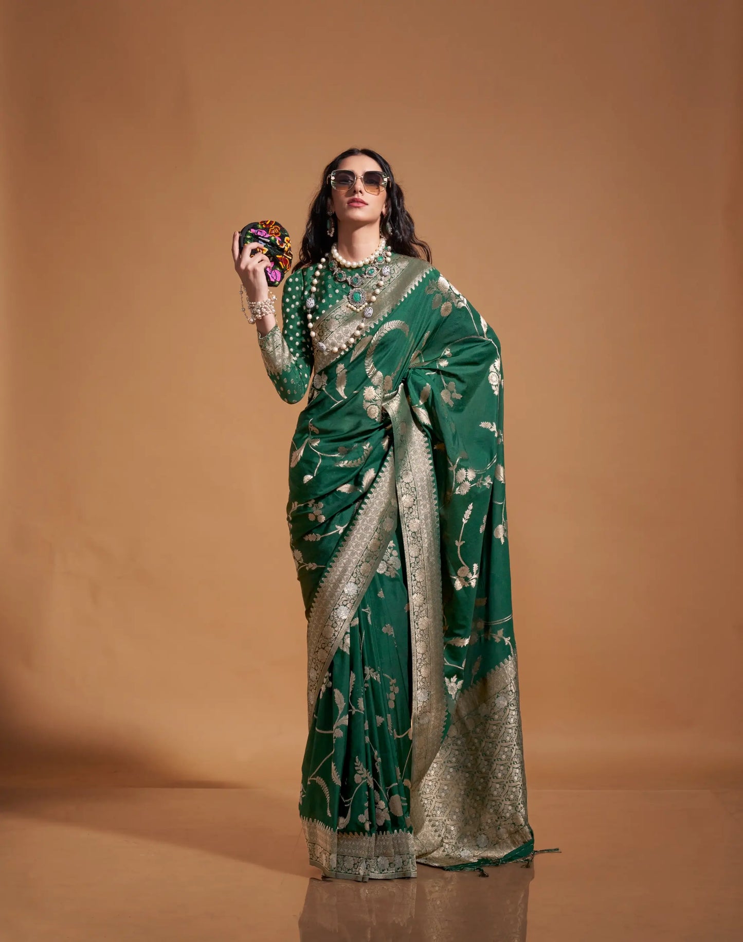 Dark Green Georgette Zari Weaving Silk Saree