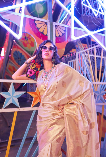 Ivory Handloom Weaving Silk Saree With Handwoven Art