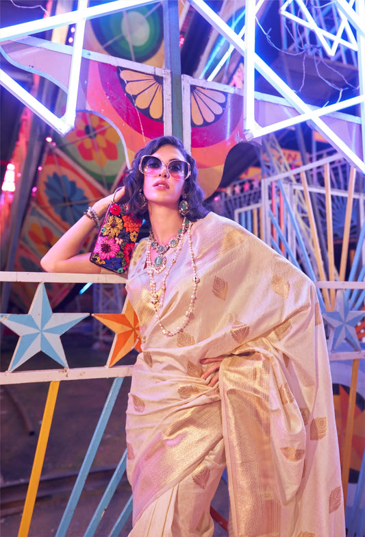 Ivory Handloom Weaving Silk Saree With Handwoven Art