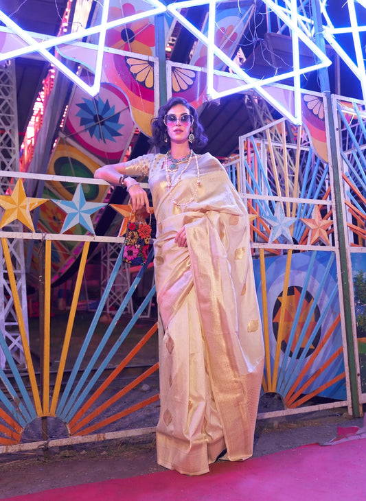 Ivory Handloom Weaving Silk Saree With Handwoven Art