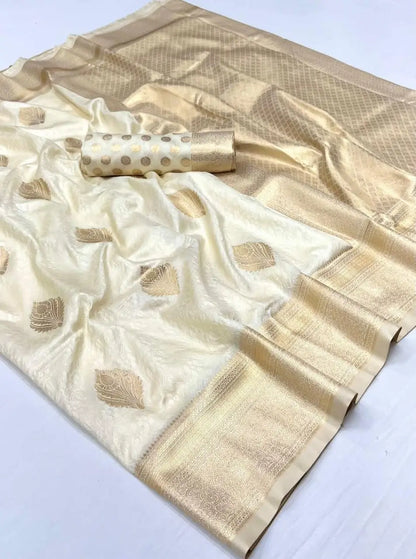 Ivory Handloom Weaving Silk Saree With Handwoven Art