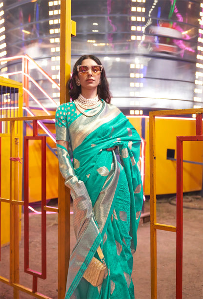 Dark Turquoise Handloom Weaving Silk Saree With Handwoven Art