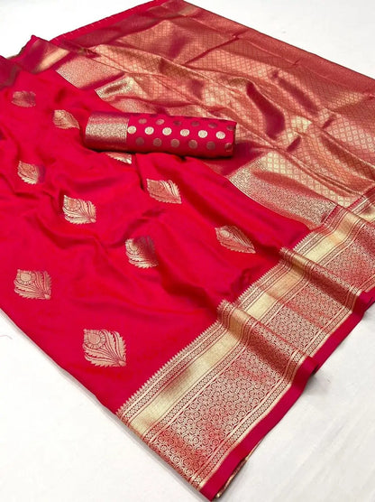 Red Handloom Weaving Silk Saree With Handwoven Art