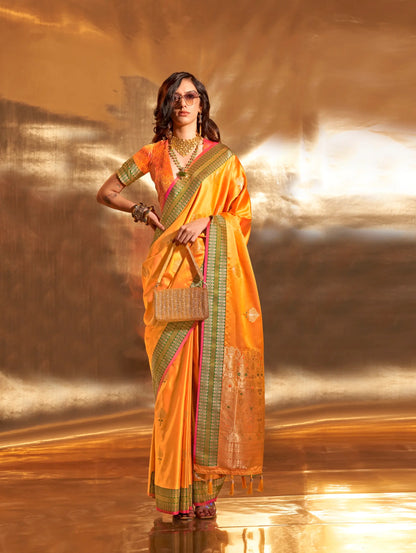 Honey Yellow Satin Handloom Weaving Silk Saree