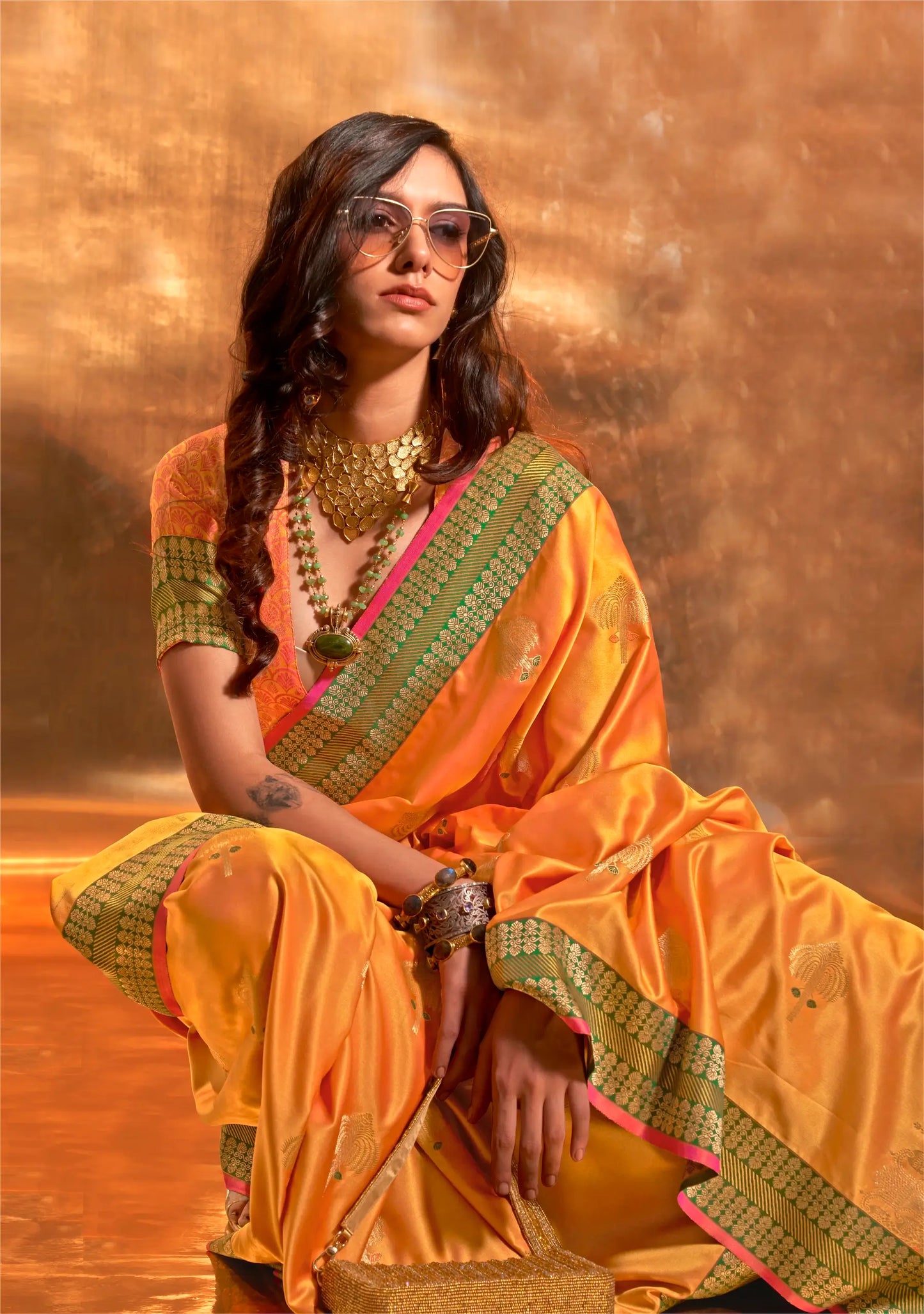 Honey Yellow Satin Handloom Weaving Silk Saree