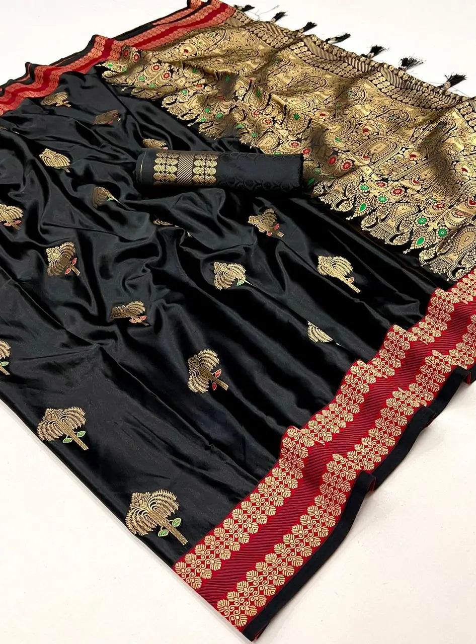 Black Satin Handloom Weaving Silk Saree