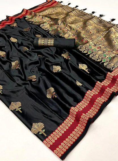 Black Satin Handloom Weaving Silk Saree