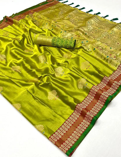 Avocado Green Satin Handloom Weaving Silk Saree