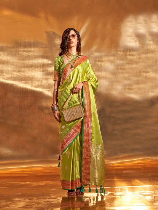 Avocado Green Satin Handloom Weaving Silk Saree