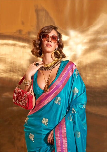 Electric Blue Satin Handloom Weaving Silk Saree