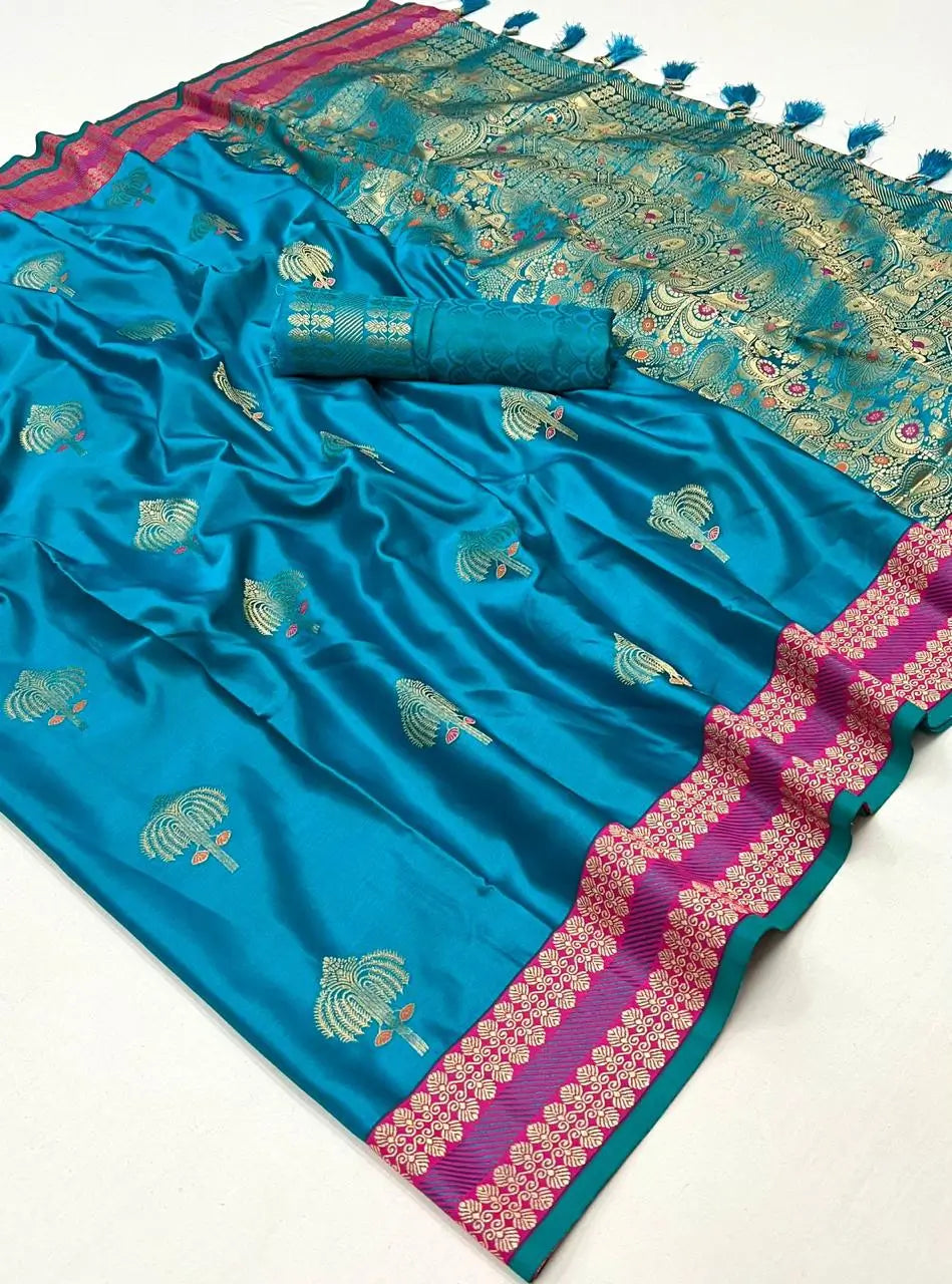 Electric Blue Satin Handloom Weaving Silk Saree