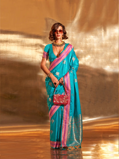 Electric Blue Satin Handloom Weaving Silk Saree