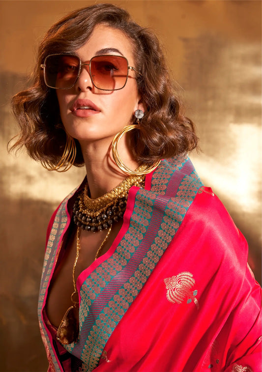 Bright Red Satin Handloom Weaving Silk Saree