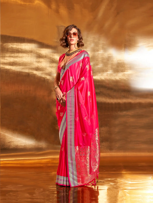Bright Red Satin Handloom Weaving Silk Saree