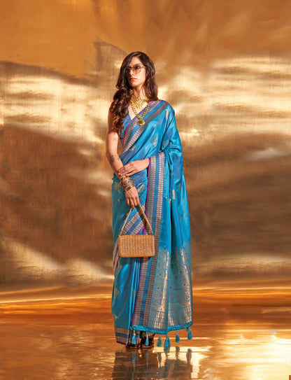Teal Blue Satin Handloom Weaving Silk Saree