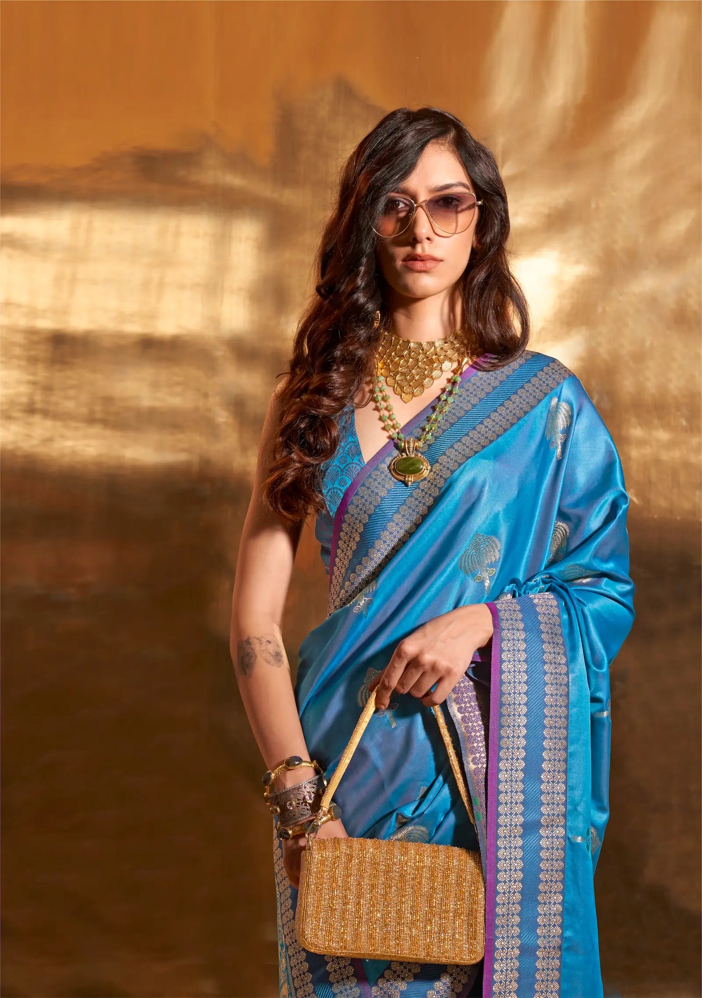 Teal Blue Satin Handloom Weaving Silk Saree