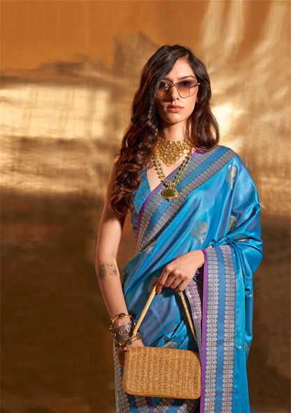 Teal Blue Satin Handloom Weaving Silk Saree