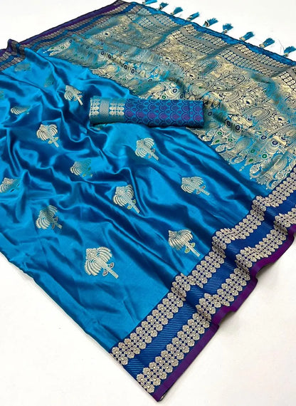 Teal Blue Satin Handloom Weaving Silk Saree