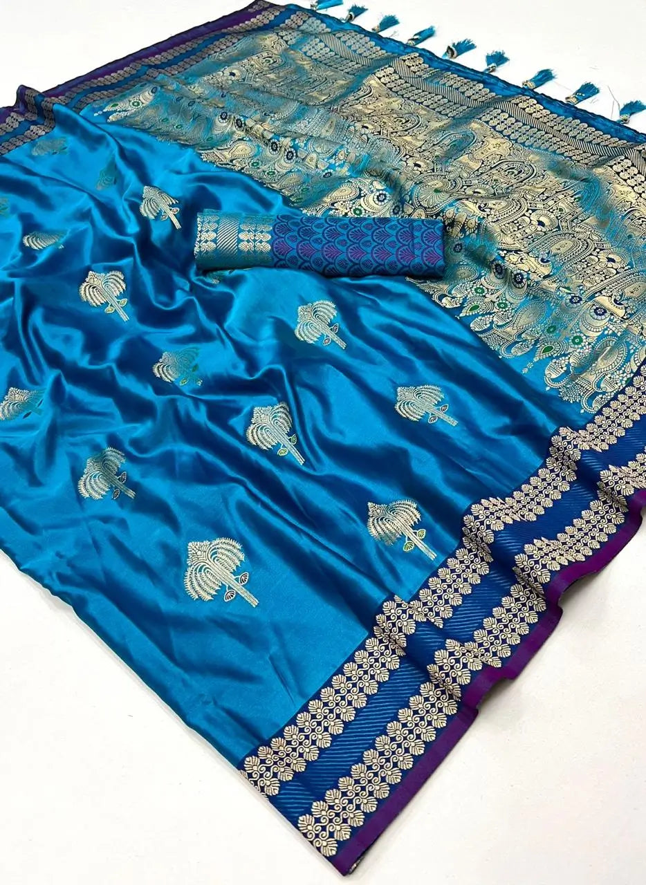 Teal Blue Satin Handloom Weaving Silk Saree