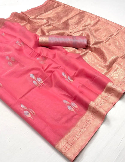 Salmon Pink Linen Cotton Zari Weaving Saree
