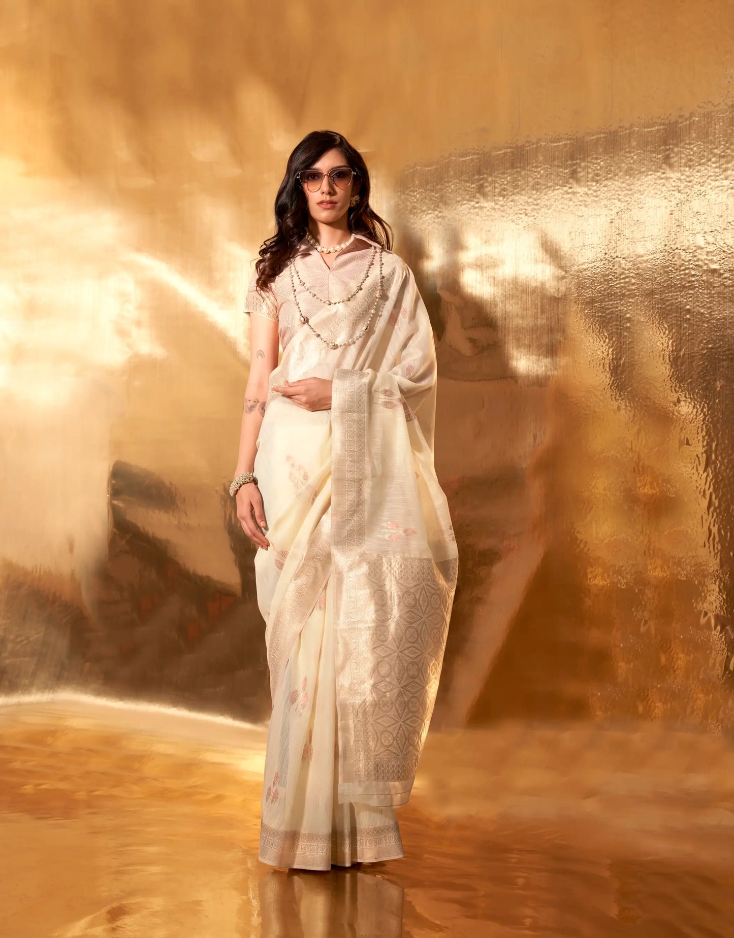 Beige Linen Cotton Zari Weaving Saree