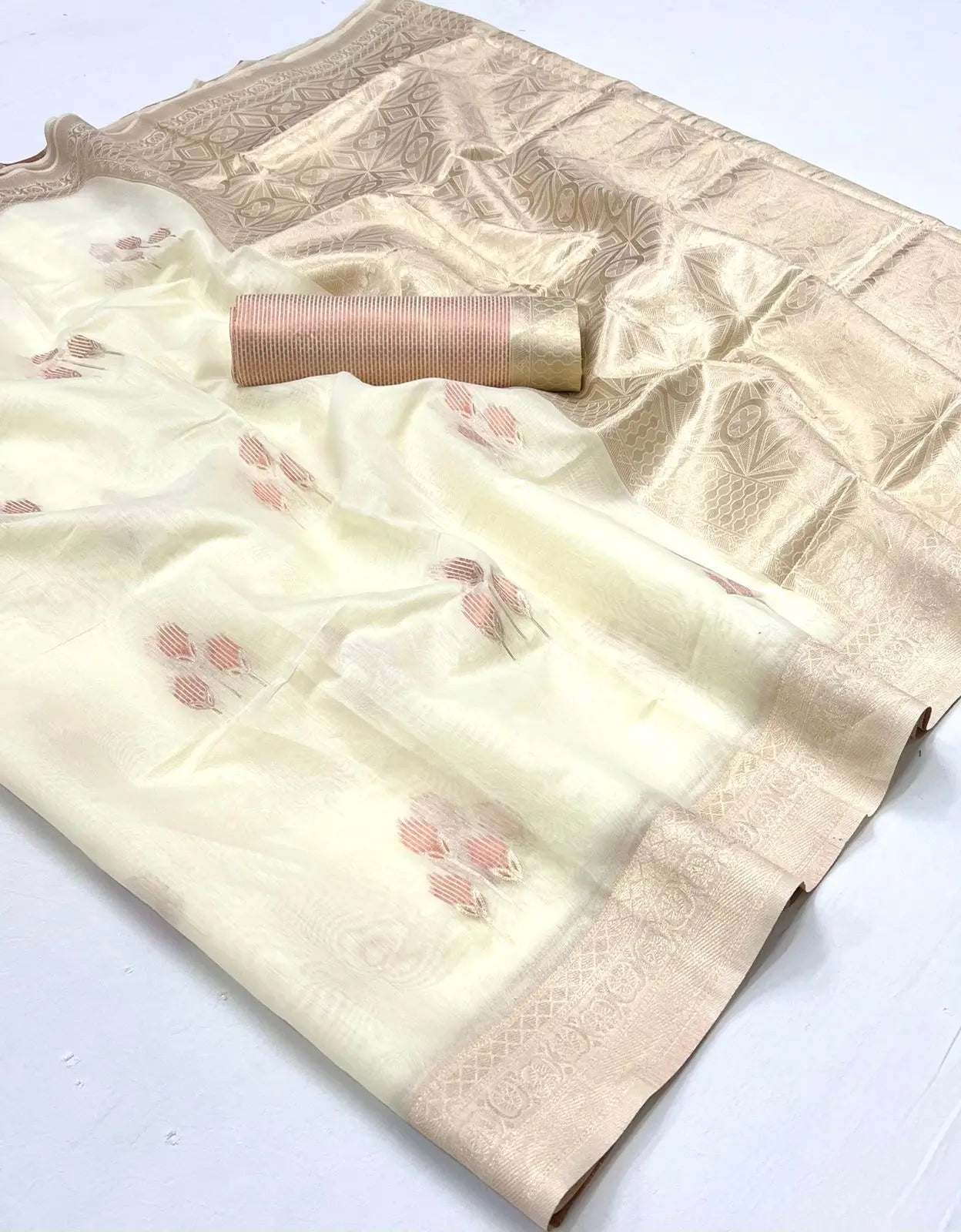 Beige Linen Cotton Zari Weaving Saree