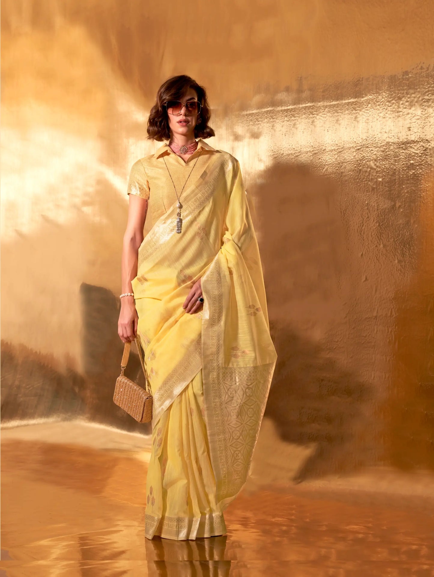 Yellow Linen Cotton Zari Weaving Saree