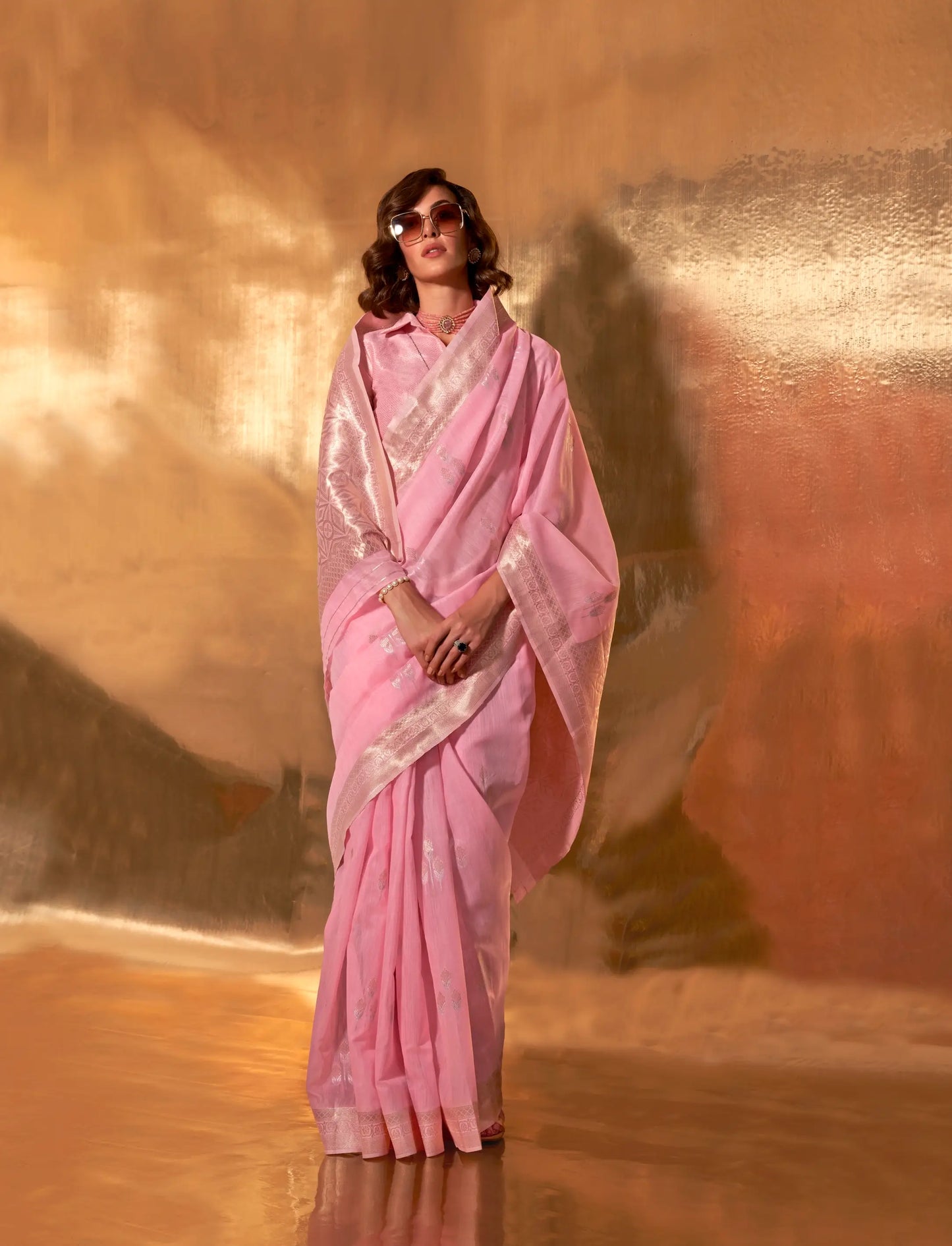 Candy Pink Linen Cotton Zari Weaving Saree