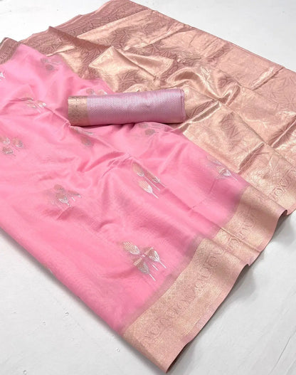 Candy Pink Linen Cotton Zari Weaving Saree