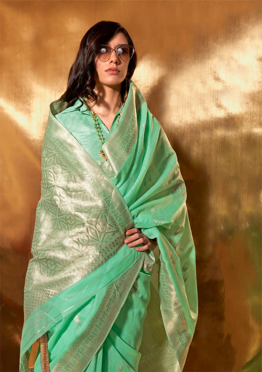 Sea Green Linen Cotton Zari Weaving Saree