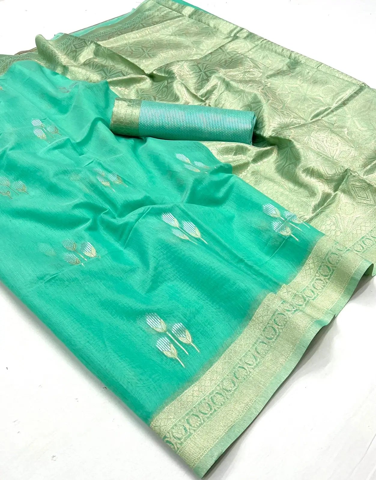 Sea Green Linen Cotton Zari Weaving Saree