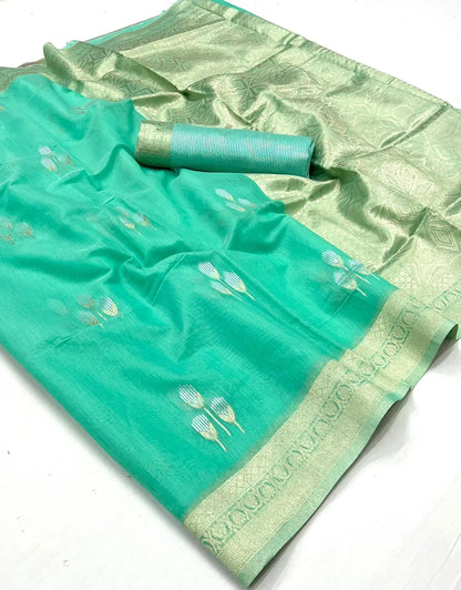 Sea Green Linen Cotton Zari Weaving Saree