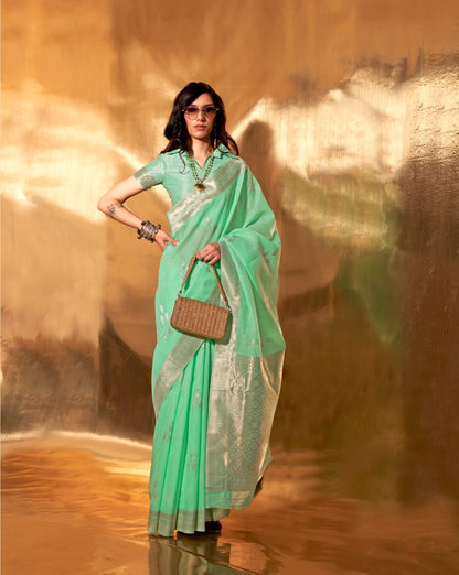 Sea Green Linen Cotton Zari Weaving Saree