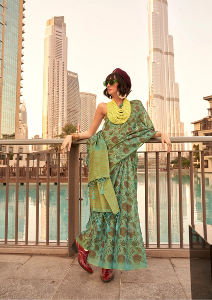 Dusty Green Tissue Saree with Print & Zari Weaving Work