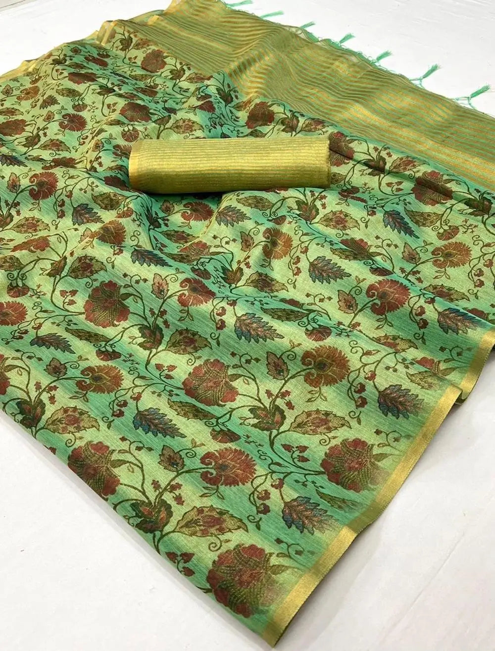 Dusty Green Tissue Saree with Print & Zari Weaving Work
