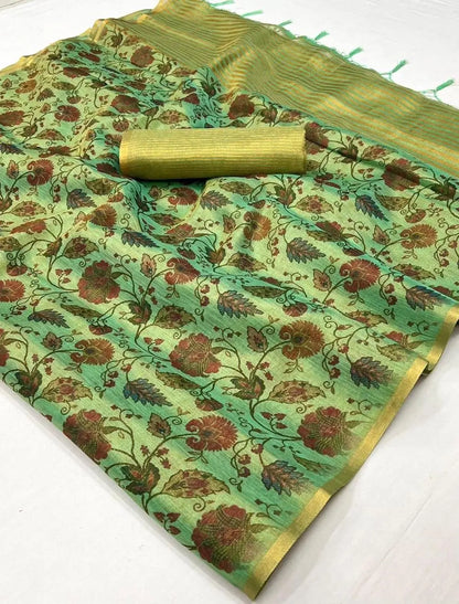 Dusty Green Tissue Saree with Print & Zari Weaving Work