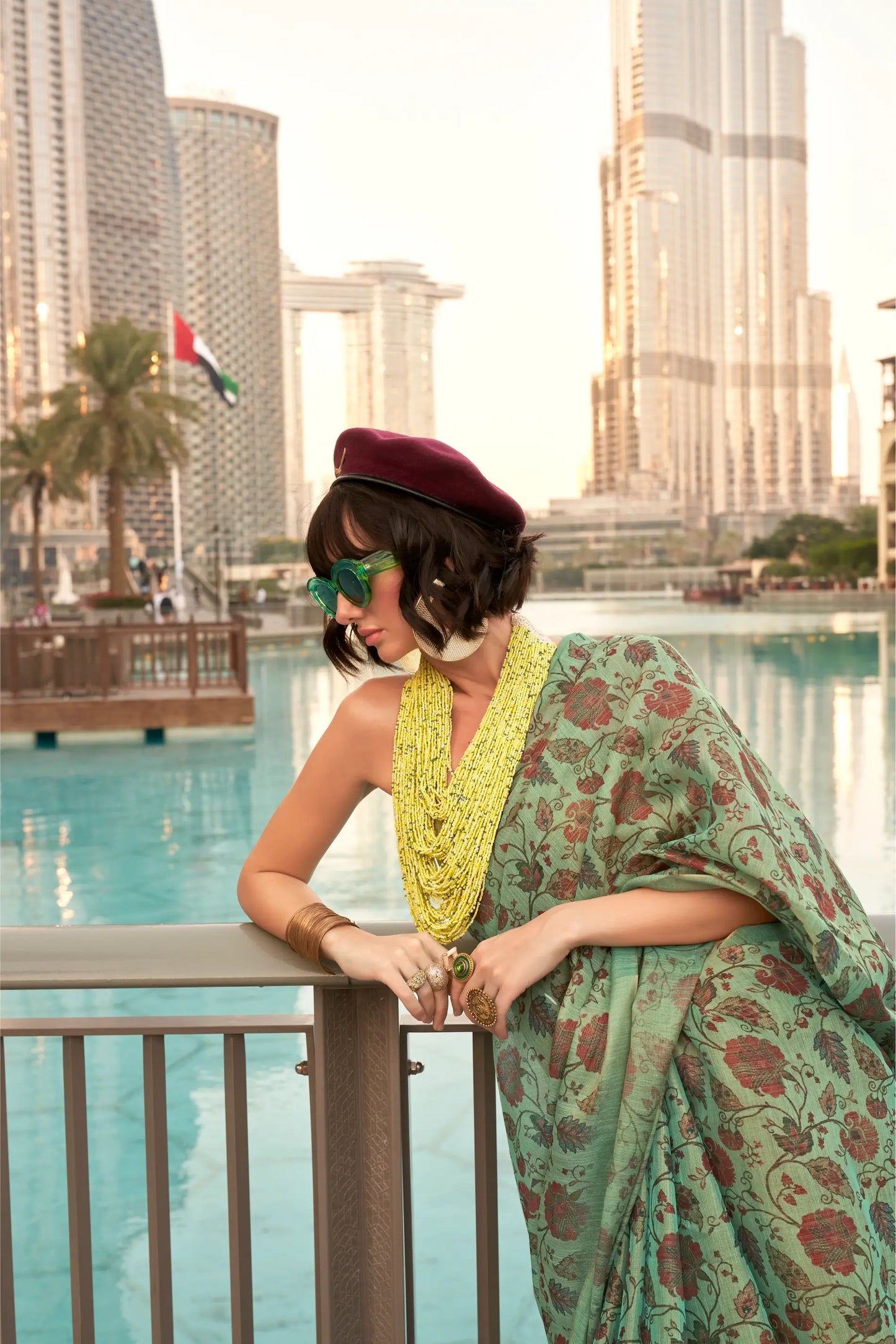 Dusty Green Tissue Saree with Print & Zari Weaving Work