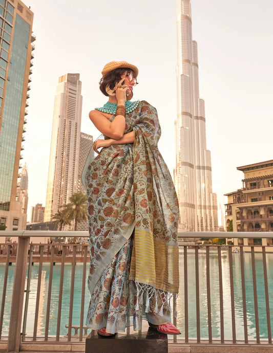 Dusty Grey Tissue Saree with Print & Zari Weaving Work